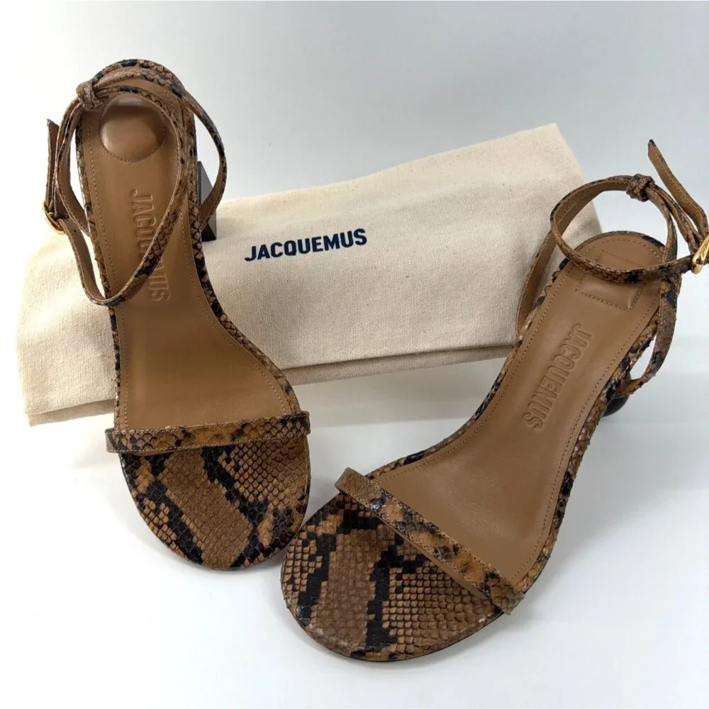 Jacquemus Les Bisu Sandals Snake Print Leather Ankle Strap Geometric Heels Sz 37